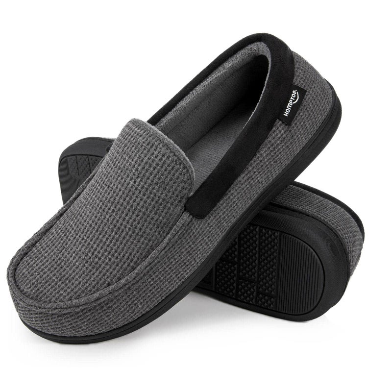 HomeTop Men's Comfort Memory Foam Moccasin Slippers, Breathable Cotton Knit Terry Cloth House Shoes for Indoor Outdoor (10 D(M) US, Dark Gray) - Image 1